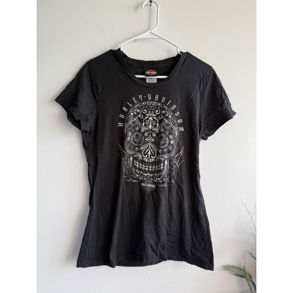 Harley-Davidson Women Black Sugar Skull Graphic Tee Garden State NJ Size L
